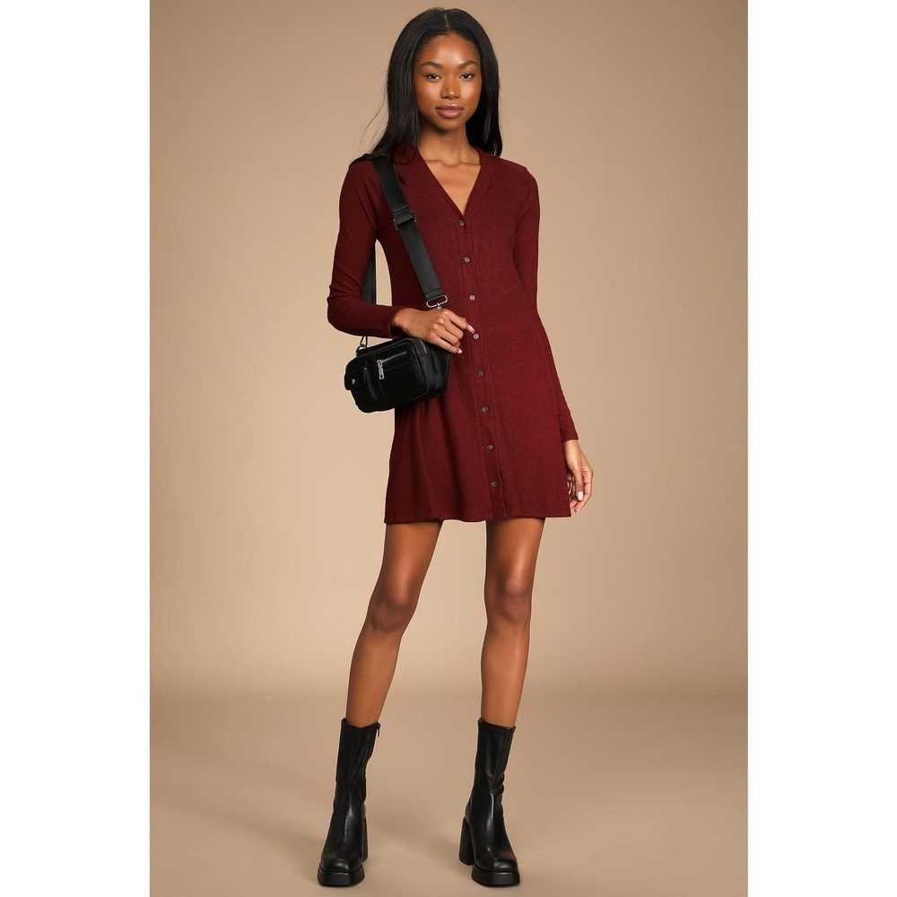 Lulus Sweet Comfort Sweater Dress Button Front Ribbed Knit Burgundy NWT Size XS